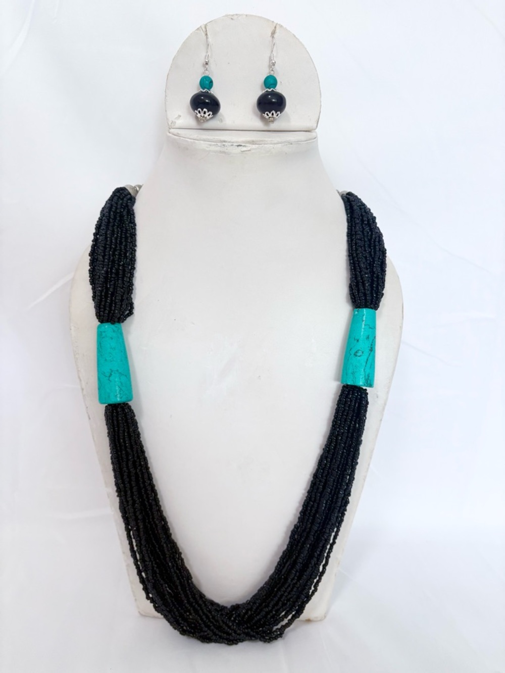Handmade multi strands black seed bead necklace with Earring